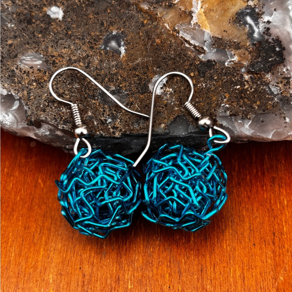 Teal Blue Woven Wire Ball Drop Earrings